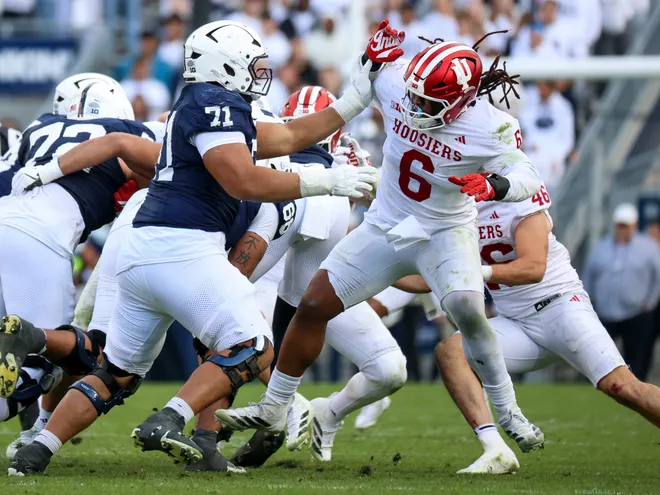STATE COLLEGE, PENNSYLVANIA - NOVEMBER 8: Mikail Kamara #6 of the Indiana Hoosiers battles Olaivavega Ioane #71 of the Penn State Nittany Lions during the fourth quarter at Beaver Stadium on November 8, 2025 in State College, Pennsylvania. (Photo by Isaiah Vazquez/Getty Images)