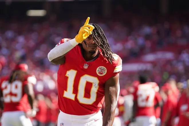 Sep 28, 2025; Kansas City, Missouri, USA; Kansas City Chiefs running back Isiah Pacheco (10) gestures before the game against the Baltimore Ravens at GEHA Field at Arrowhead Stadium. Mandatory Credit: Denny Medley-Imagn Images