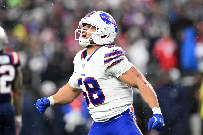 Dec 14, 2025; Foxborough, Massachusetts, USA; Buffalo Bills linebacker Matt Milano (58) reacts after a sack against the New England Patriots during the second half at Gillette Stadium. Mandatory Credit: Brian Fluharty-Imagn Images