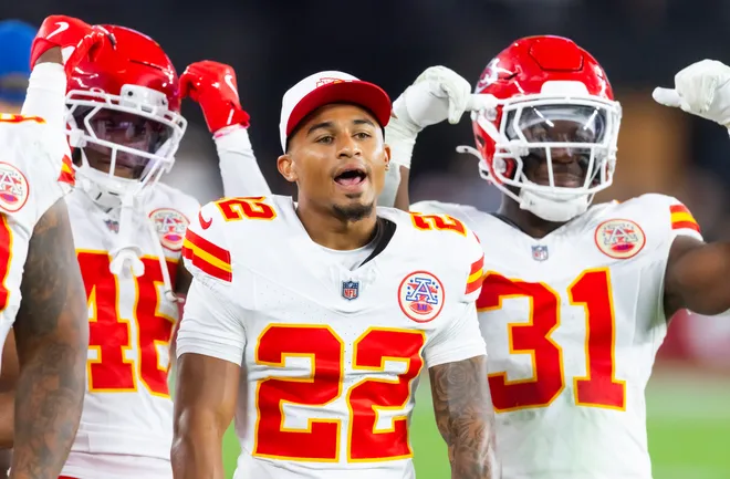 Aug 9, 2025; Glendale, Arizona, USA; Kansas City Chiefs cornerback Trent McDuffie (22) against the Arizona Cardinals during a preseason NFL game at State Farm Stadium. Mandatory Credit: Mark J. Rebilas-Imagn Images
