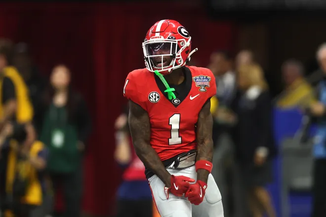 Zachariah Branch #1 of the Georgia Bulldogs celebrates a touchdown during the fourth quarter against the Ole Miss Rebels during the 2025 College Football Playoff quarterfinal at the Allstate Sugar Bowl