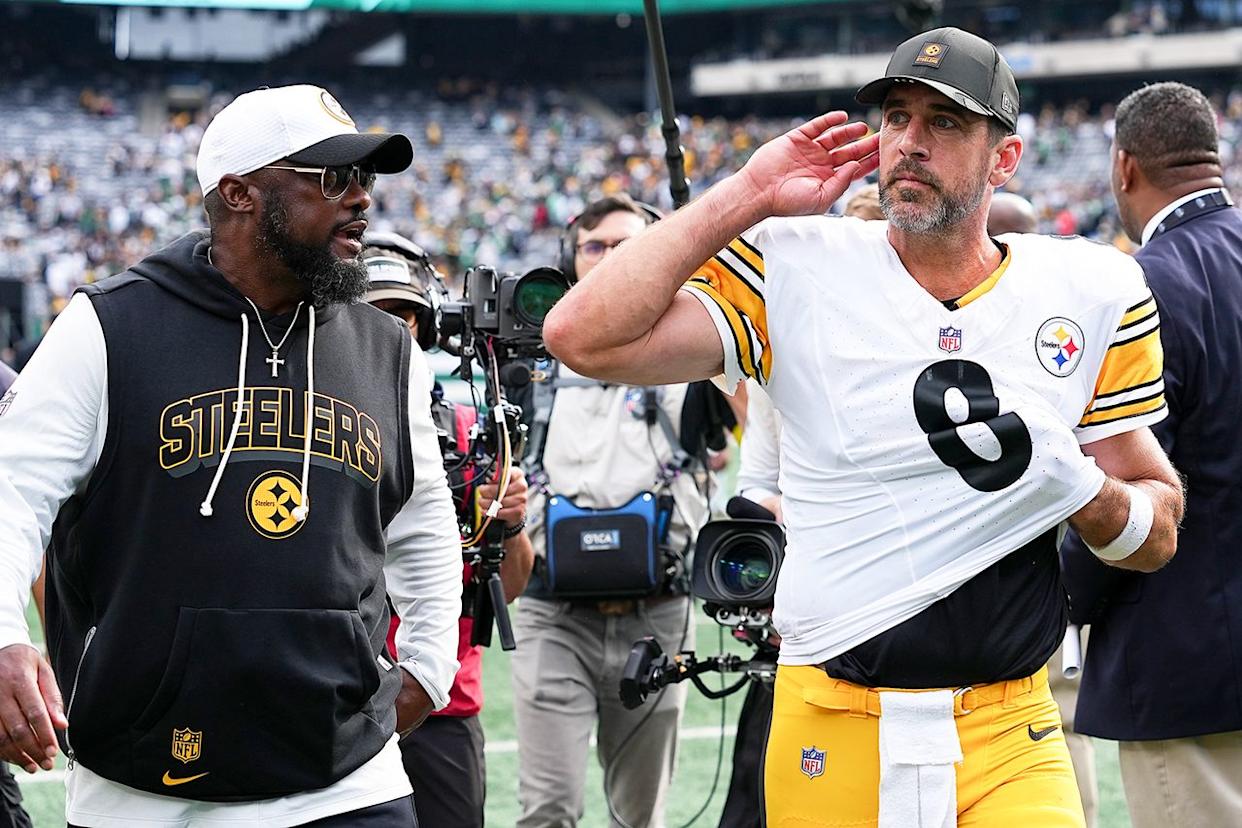 Aaron Rodgers and head coach Mike Tomlin of the Pittsburgh Steelers during a game at MetLife Stadium on Sept. 7, 2025 in East Rutherford, New Jersey.Credit: Mitchell Leff/Getty