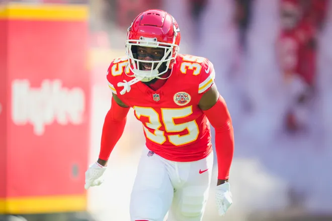 Sep 28, 2025; Kansas City, Missouri, USA; Kansas City Chiefs cornerback Jaylen Watson (35) takes the field prior to a game against the Baltimore Ravens at GEHA Field at Arrowhead Stadium. Mandatory Credit: Jay Biggerstaff-Imagn Images