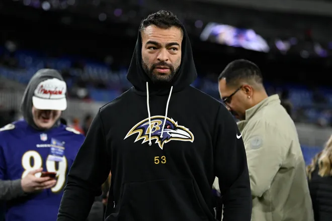 Nov 27, 2025; Baltimore, Maryland, USA; Baltimore Ravens linebacker Kyle Van Noy (53) before the game at M&T Bank Stadium. Mandatory Credit: Tommy Gilligan-Imagn Images