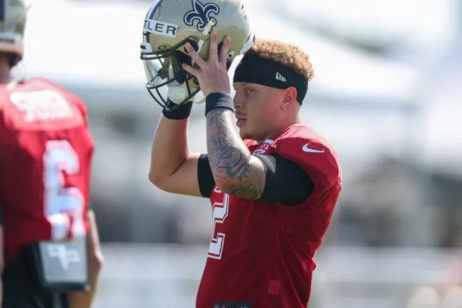 Jul 28, 2025; Metairie, LA, USA; New Orleans Saints quarterback Spencer Rattler (2) at Ochsner Sports Performance Center. Mandatory Credit: Stephen Lew-Imagn Images