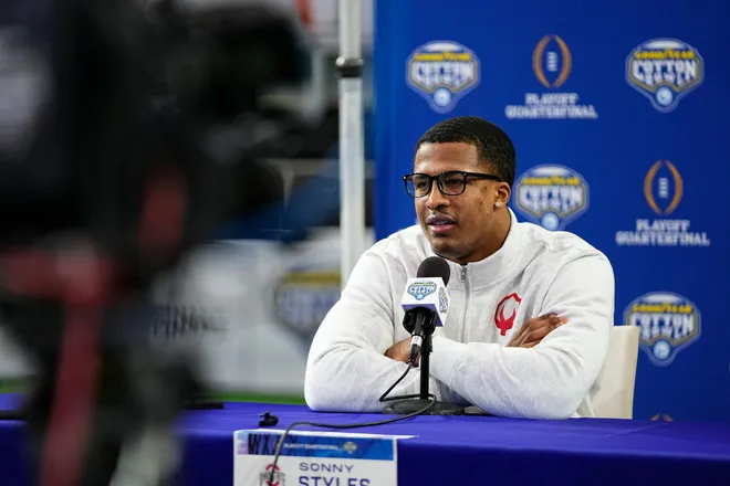 Ohio State Buckeyes linebacker Sonny Styles speaks during the Cotton Bowl Media Day at AT&T Stadium in Dallas prior to the College Football Playoff matchup against the Miami Hurricanes on Dec. 29, 2025.