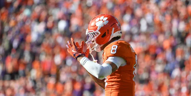 Clemson Tigers cornerback Avieon Terrell (8) reacts to a pass interference call Saturday, Nov. 1, 2025, during the NCAA football game against the Duke Blue Devils at Memorial Stadium in Clemson, South Carolina.
