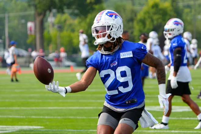 Jul 26, 2023; Rochester, NY, USA; Buffalo Bills cornerback Alex Austin (29) participates in drills in on the field during training camp at St. John Fisher College. Mandatory Credit: Gregory Fisher-USA TODAY Sports