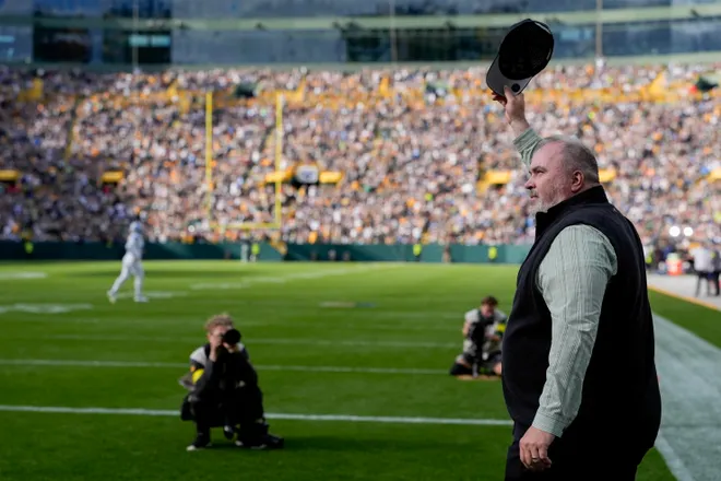 GREEN BAY, WISCONSIN - SEPTEMBER 07: Former Green Bay Packers head coach Mike McCarthy is honored during halftime of a game against the Detroit Lions at Lambeau Field on September 07, 2025 in Green Bay, Wisconsin. (Photo by Patrick McDermott/Getty Images)
