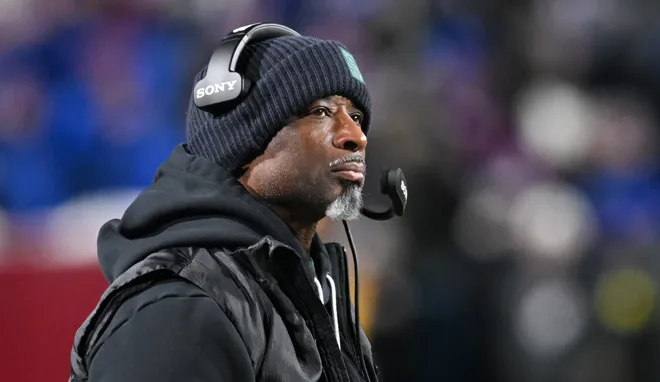 Jan 4, 2026; Orchard Park, New York, USA; New York Jets head coach Aaron Glenn looks on during the second half against the Buffalo Bills at Highmark Stadium. Mandatory Credit: Mark Konezny-Imagn Images