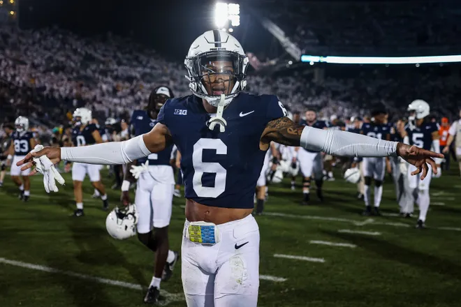 STATE COLLEGE, PA - SEPTEMBER 02: Zakee Wheatley #6 of the Penn State Nittany Lions celebrates after the game against the West Virginia Mountaineers at Beaver Stadium on September 2, 2023 in State College, Pennsylvania. (Photo by Scott Taetsch/Getty Images)