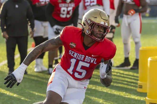 Jan 29, 2026; Mobile, AL, USA; American defensive end Quintayvious Hutchins (15) of Boston College works in a drill during American Senior Bowl practice at Hancock Whitney Stadium. Mandatory Credit: Vasha Hunt-Imagn Images