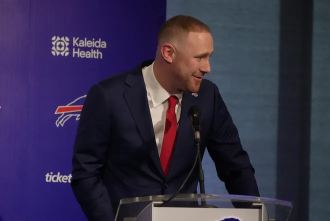 Joe Brady talks about his respect of his players at press conference that introduced him as the new head coach at the Bills field house in Orchard Park on Jan. 29, 2026.