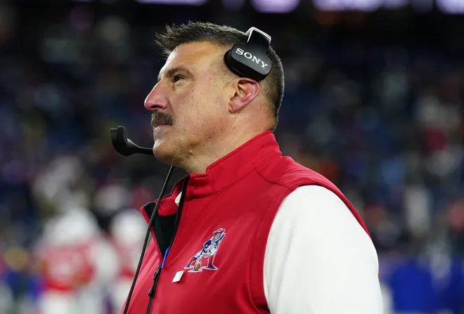 New England Patriots head coach Mike Vrabel watches from the sideline during the fourth quarter against the New York Giants.