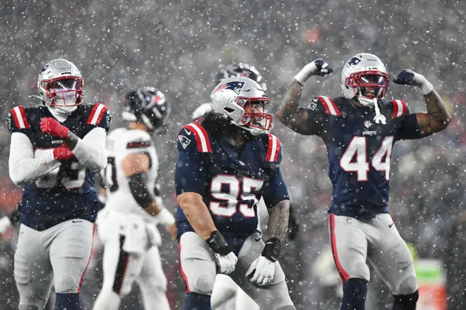 New England Patriots defensive lineman Khyiris Tonga (95) reacts after a sack in the fourth quarter against the Houston Texans.
