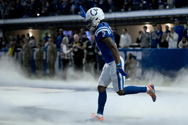 Nov 30, 2025; Indianapolis, Indiana, USA; Indianapolis Colts wide receiver Josh Downs (2) is introduced before a game against the Houston Texans at Lucas Oil Stadium. Mandatory Credit: Robert Goddin-Imagn Images
