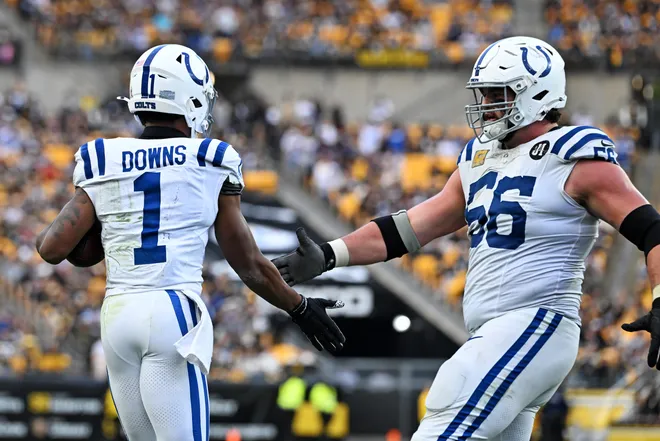 Nov 2, 2025; Pittsburgh, Pennsylvania, USA; Indianapolis Colts wide receiver Josh Downs (1) celebrates after catching a touchdown pass during the fourth quarter against the Pittsburgh Steelers at Acrisure Stadium. Mandatory Credit: Barry Reeger-Imagn Images