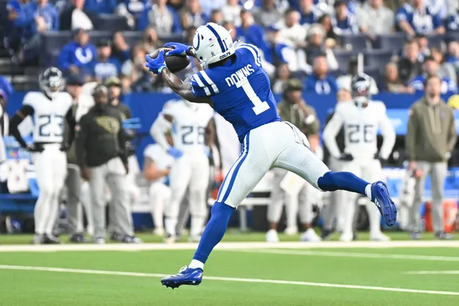 Oct 26, 2025; Indianapolis, Indiana, USA; Indianapolis Colts wide receiver Josh Downs (1) makes a catch during the first quarter against the Tennessee Titans at Lucas Oil Stadium. Mandatory Credit: Robert Goddin-Imagn Images