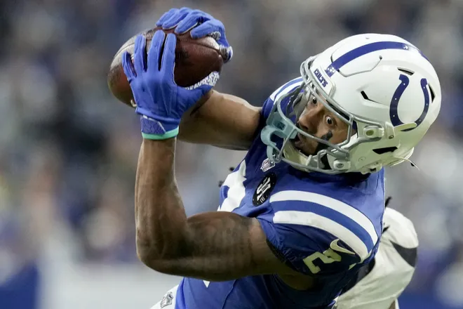 Indianapolis Colts wide receiver Josh Downs (2) makes a catch Sunday, Nov. 30, 2025, during a game against the Houston Texans at Lucas Oil Stadium in Indianapolis. The play was called back on a penalty.