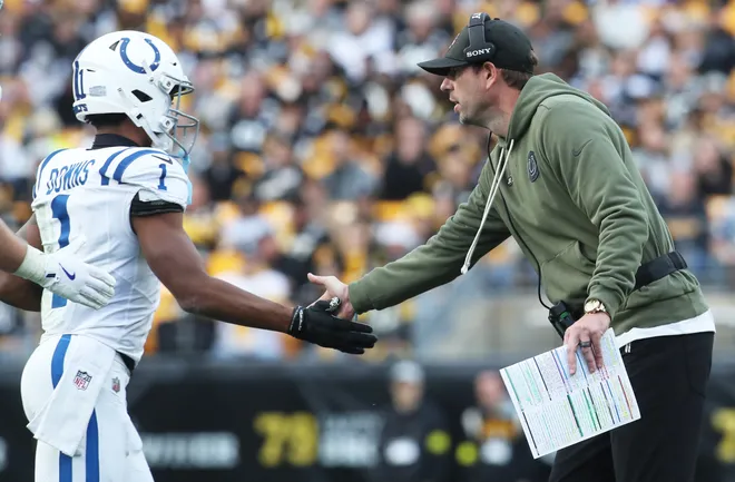 Nov 2, 2025; Pittsburgh, Pennsylvania, USA; Indianapolis Colts head coach Shane Steichen (right) congratulates wide receiver Josh Downs (1) on his touchdown against the Pittsburgh Steelers during the fourth quarter at Acrisure Stadium. Mandatory Credit: Charles LeClaire-Imagn Images