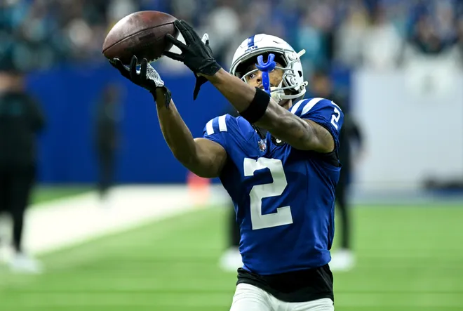 Dec 28, 2025; Indianapolis, Indiana, USA; Indianapolis Colts wide receiver Josh Downs (2) warms up before a game against the Jacksonville Jaguars at Lucas Oil Stadium. Mandatory Credit: Robert Goddin-Imagn Images