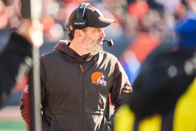 Cleveland Browns head coach Kevin Stefanski stands on the sideline.