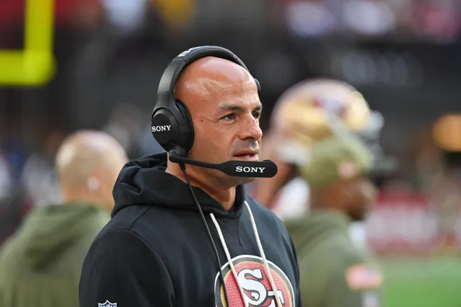 Nov 16, 2025; Glendale, Arizona, USA; San Francisco 49ers defensive coordinator Robert Saleh looks on in the third quarter against the Arizona Cardinals at State Farm Stadium. Mandatory Credit: Matt Kartozian-Imagn Images