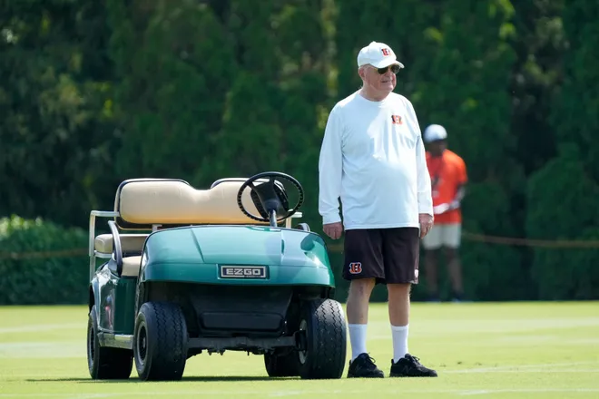 Cincinnati Bengals owner Mike Brown stands by at practice.