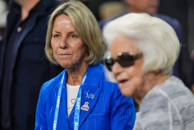 Detroit Lions owner Sheila Ford Hamp, left, and former owner Martha Ford.