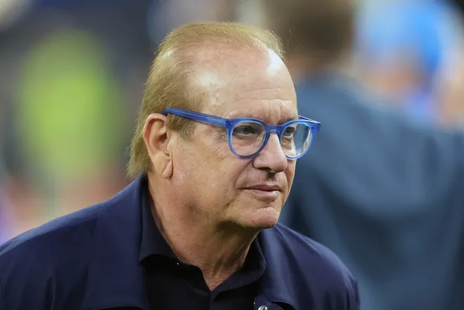 Los Angeles Chargers owner Dean Spanos watches from the sidelines against the Cincinnati Bengals SoFi Stadium.