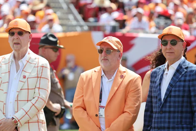 Sep 21, 2025; Tampa, Florida, USA; (left to right) Tampa Bay Buccaneers owner Avram Glazer, owner Edward Glazer and owner Joel Glazer.