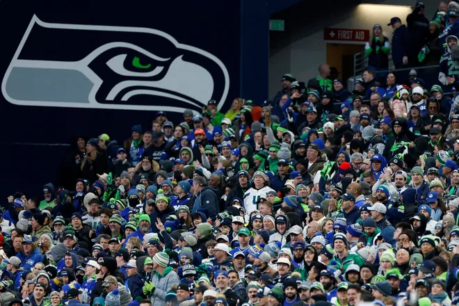 Seattle Seahawks fans are seen during the second quarter against the Los Angeles Rams in the NFC championship game at Lumen Field.