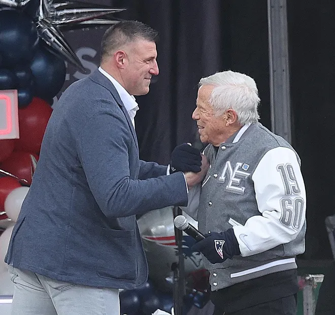 Head coach Mike Vrabel and owner Robert Kraft at the New England Patriots Super Bowl LX sendoff rally for the team at Gillette Stadium.