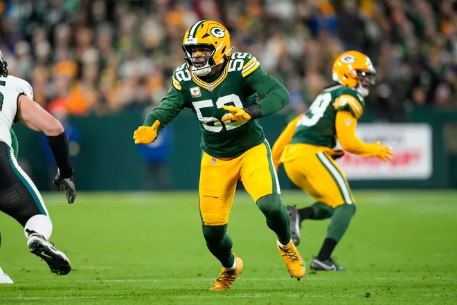 Nov 10, 2025; Green Bay, Wisconsin, USA; Green Bay Packers defensive lineman Rashan Gary (52) during the game against the Philadelphia Eagles at Lambeau Field. Mandatory Credit: Jeff Hanisch-Imagn Images