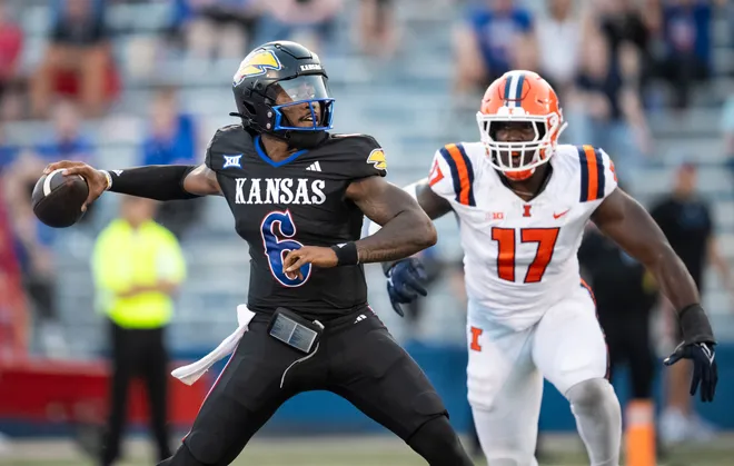 Sep 8, 2023; Lawrence, Kansas, USA; Kansas Jayhawks quarterback Jalon Daniels (6) throws a pass against Illinois Fighting Illini linebacker Gabe Jacas (17) during the first half at David Booth Kansas Memorial Stadium. Mandatory Credit: Jay Biggerstaff-USA TODAY Sports