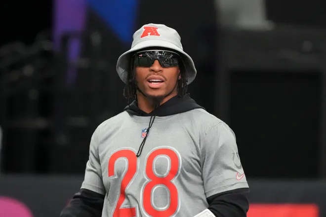 Feb 2, 2026; San Francisco, CA, USA; Indianapolis Colts running back Jonathan Taylor (28) during AFC practice at the NFL Flag Fieldhouse at Moscone Center South Building. Mandatory Credit: Kirby Lee-Imagn Images
