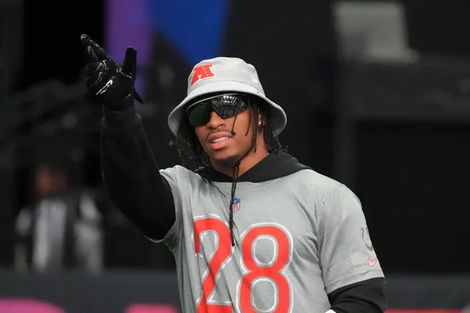 Feb 2, 2026; San Francisco, CA, USA; Indianapolis Colts running back Jonathan Taylor (28) during AFC practice at the NFL Flag Fieldhouse at Moscone Center South Building. Mandatory Credit: Kirby Lee-Imagn Images