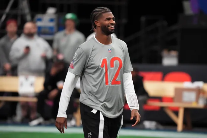 Feb 2, 2026; San Francisco, CA, USA; Cleveland Browns quarterback Shadeur Sanders (12) during AFC practice at the NFL Flag Fieldhouse at Moscone Center South Building. Mandatory Credit: Kirby Lee-Imagn Images