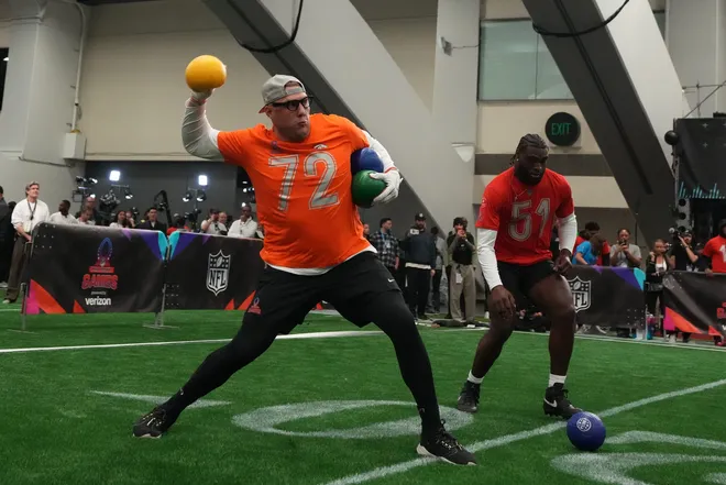 Feb 2, 2026; San Francisco, CA, USA; Denver Broncos tackle Garett Bolles participates in dodgeball in the Pro Bowl Games at the NFL Flag Fieldhouse at Moscone Center South Building. Mandatory Credit: Kirby Lee-Imagn Images