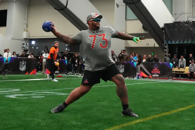 Feb 2, 2026; San Francisco, CA, USA; Buffalo Bills tackle Dion Dawkins participates in dodgeball in the Pro Bowl Games at the NFL Flag Fieldhouse at Moscone Center South Building. Mandatory Credit: Kirby Lee-Imagn Images