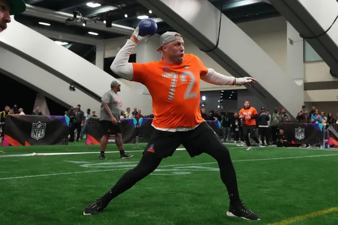 Feb 2, 2026; San Francisco, CA, USA; Denver Broncos tackle Garett Bolles participates in dodgeball in the Pro Bowl Games at the NFL Flag Fieldhouse at Moscone Center South Building. Mandatory Credit: Kirby Lee-Imagn Images