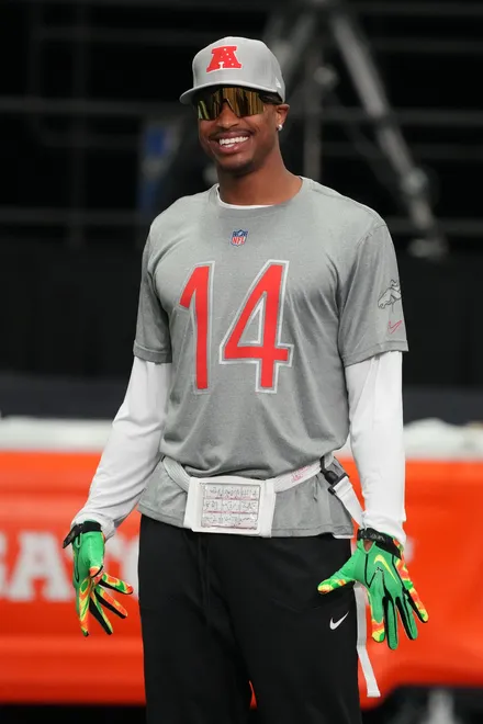 Feb 2, 2026; San Francisco, CA, USA; Denver Broncos receiver Courtland Sutton (14) during AFC practice at the NFL Flag Fieldhouse at Moscone Center South Building. Mandatory Credit: Kirby Lee-Imagn Images