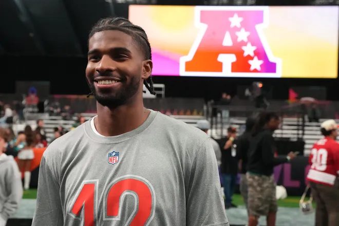 Feb 2, 2026; San Francisco, CA, USA; Cleveland Browns quarterback Shadeur Sanders (12) during AFC practice at the NFL Flag Fieldhouse at Moscone Center South Building. Mandatory Credit: Kirby Lee-Imagn Images