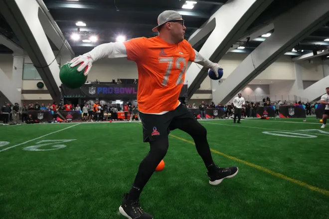 Feb 2, 2026; San Francisco, CA, USA; Denver Broncos tackle Garett Bolles participates in dodgeball in the Pro Bowl Games at the NFL Flag Fieldhouse at Moscone Center South Building. Mandatory Credit: Kirby Lee-Imagn Images