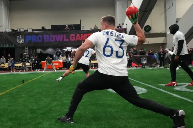 Feb 2, 2026; San Francisco, CA, USA; Atlanta Falcons guard Chris Lindstrom participates in dodgeball in the Pro Bowl Games at the NFL Flag Fieldhouse at Moscone Center South Building. Mandatory Credit: Kirby Lee-Imagn Images