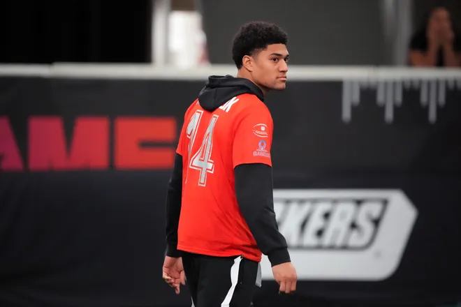 Feb 2, 2026; San Francisco, CA, USA; Baltimore Ravens safety Kyle Hamilton (14) during AFC practice at the NFL Flag Fieldhouse at Moscone Center South Building. Mandatory Credit: Kirby Lee-Imagn Images