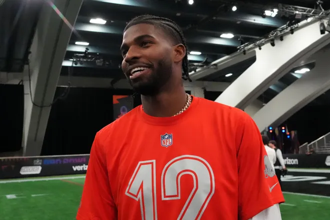 Feb 1, 2026; San Francisco, CA, USA; Cleveland Browns quarterback Shadeur Sanders (12) during AFC practice at the Flag Fieldhouse Moscone Center South Building. Mandatory Credit: Kirby Lee-Imagn Images