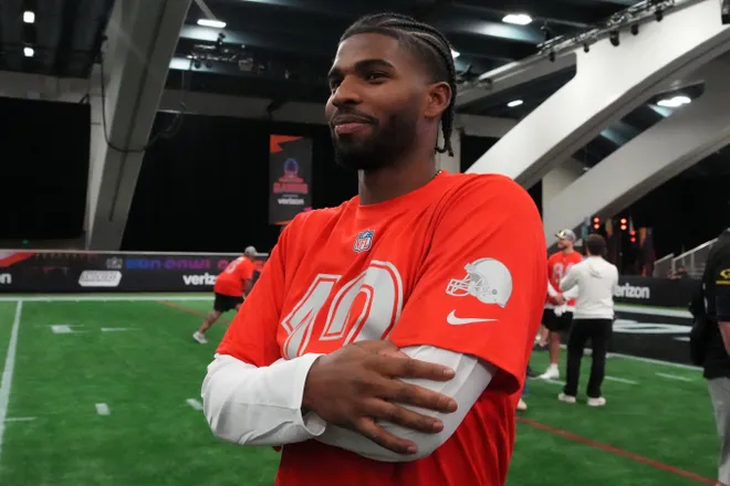 Feb 1, 2026; San Francisco, CA, USA; Cleveland Browns quarterback Shadeur Sanders (12) during AFC practice at the Flag Fieldhouse Moscone Center South Building. Mandatory Credit: Kirby Lee-Imagn Images