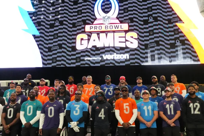 Feb 1, 2026; San Francisco, CA, USA; AFC players pose for team photo at the Flag Fieldhouse Moscone Center South Building. Mandatory Credit: Kirby Lee-Imagn Images