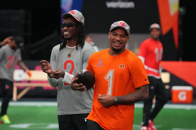 Feb 1, 2026; San Francisco, CA, USA; Cincinnati Bengals receiver Ja'Marr Chase (1) during AFC practice at the Flag Fieldhouse Moscone Center South Building. Mandatory Credit: Kirby Lee-Imagn Images